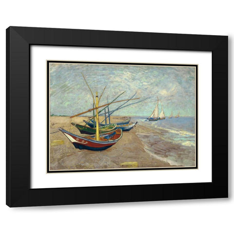 Fishing Boats on the Beach at Les Saintes-Maries-de-la-Mer Black Modern Wood Framed Art Print with Double Matting by Van Gogh, Vincent