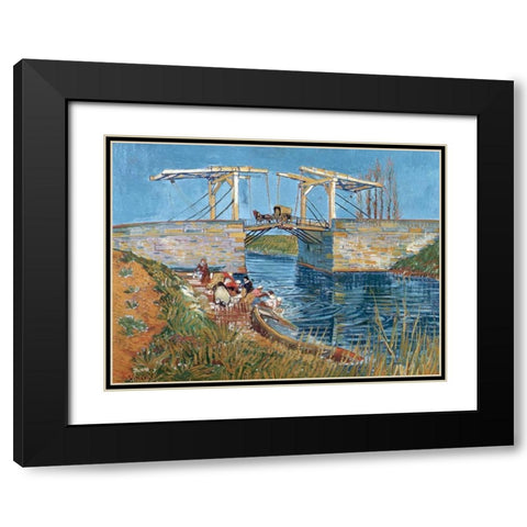 Langlois Bridge with women washing Black Modern Wood Framed Art Print with Double Matting by van Gogh, Vincent