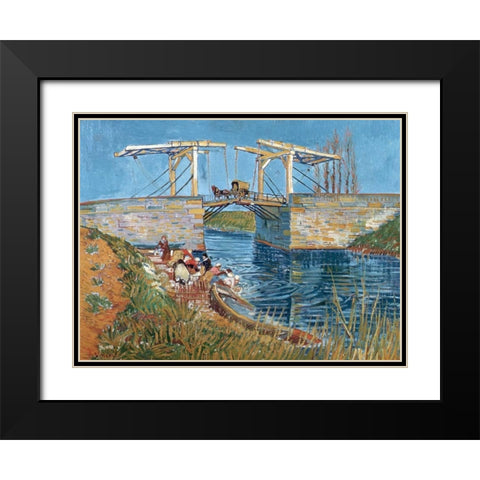 Langlois Bridge with women washing Black Modern Wood Framed Art Print with Double Matting by van Gogh, Vincent