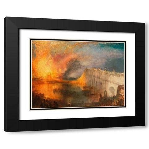 The Burning of the Houses of Lords and Commons Black Modern Wood Framed Art Print with Double Matting by William, Turner