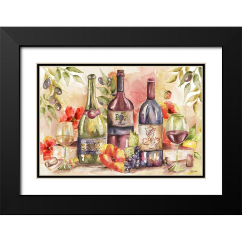 Watercolor Wine and Poppies Landscape Black Modern Wood Framed Art Print with Double Matting by Tre Sorelle Studios