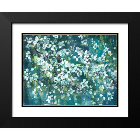 Teal Blossoms Landscape Black Modern Wood Framed Art Print with Double Matting by Tre Sorelle Studios