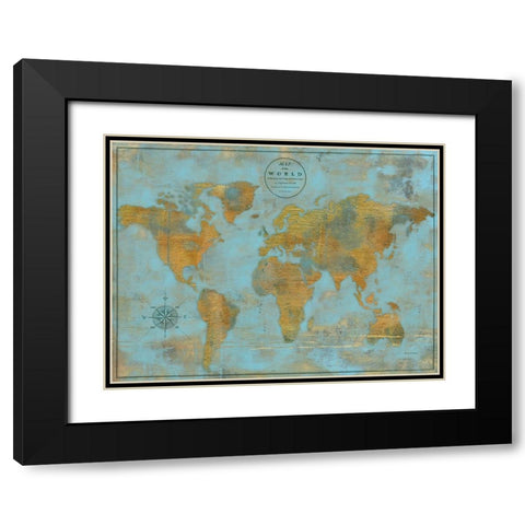 Rustic World Map Sky Blue Black Modern Wood Framed Art Print with Double Matting by Elaine-Cusson, Marie