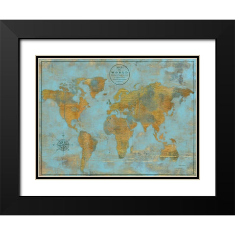 Rustic World Map Sky Blue Black Modern Wood Framed Art Print with Double Matting by Elaine-Cusson, Marie