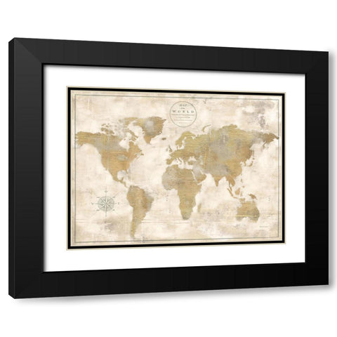Rustic World Map Cream No Words Black Modern Wood Framed Art Print with Double Matting by Cusson, Marie Elaine