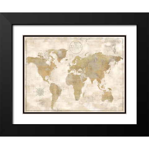 Rustic World Map Cream No Words Black Modern Wood Framed Art Print with Double Matting by Cusson, Marie Elaine