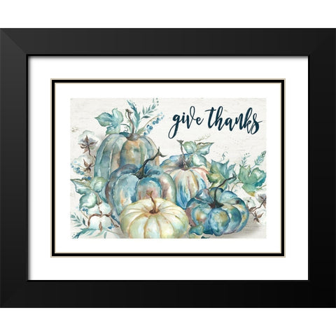 Blue Watercolor Harvest Pumpkin Landscape Give Thanks Black Modern Wood Framed Art Print with Double Matting by Tre Sorelle Studios