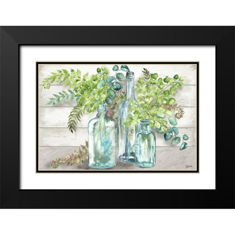 Vintage Bottles and Ferns Landscape Black Modern Wood Framed Art Print with Double Matting by Tre Sorelle Studios