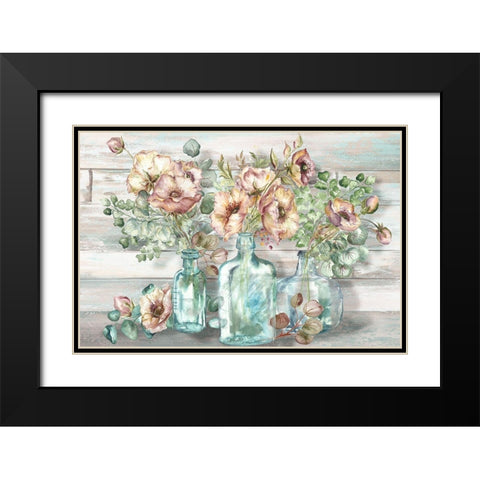 Blush Poppies and Eucalyptus in bottles landscape Black Modern Wood Framed Art Print with Double Matting by Tre Sorelle Studios
