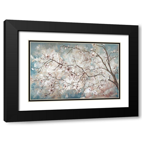 Magnolia branches on blue Black Modern Wood Framed Art Print with Double Matting by Tre Sorelle Studios