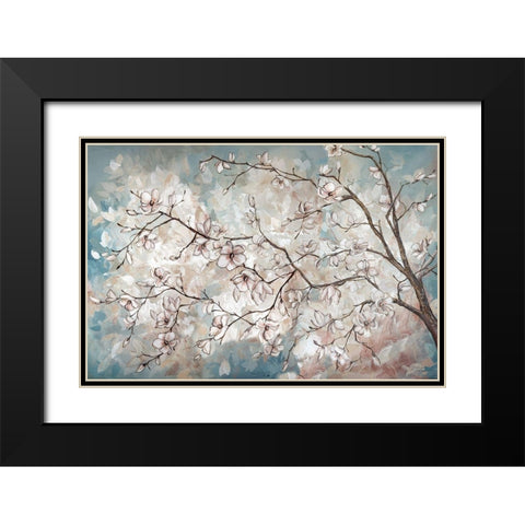 Magnolia branches on blue Black Modern Wood Framed Art Print with Double Matting by Tre Sorelle Studios