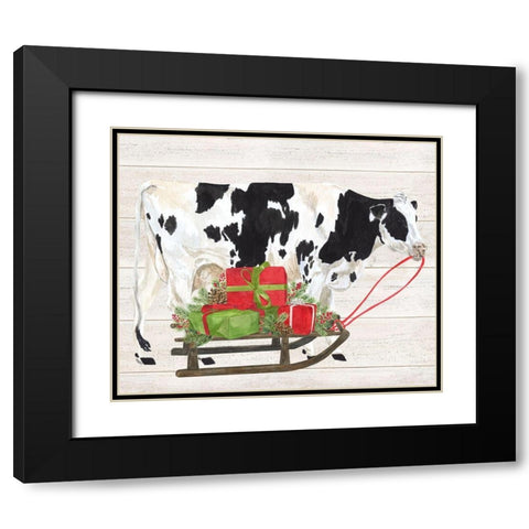 Christmas on the Farm I-Cow with Sled Black Modern Wood Framed Art Print with Double Matting by Reed, Tara