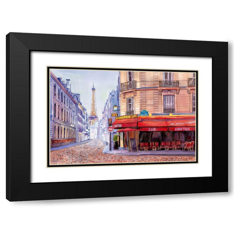 Paris Cafe w/Eiffel Black Modern Wood Framed Art Print with Double Matting by Bannarot