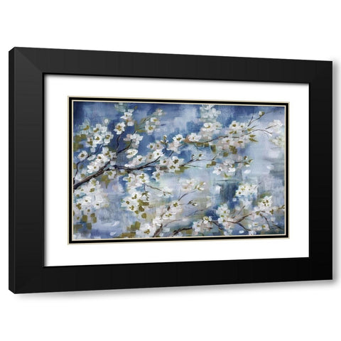 Cherry Blossoms Branch Blue and White landscape Black Modern Wood Framed Art Print with Double Matting by Tre Sorelle Studios