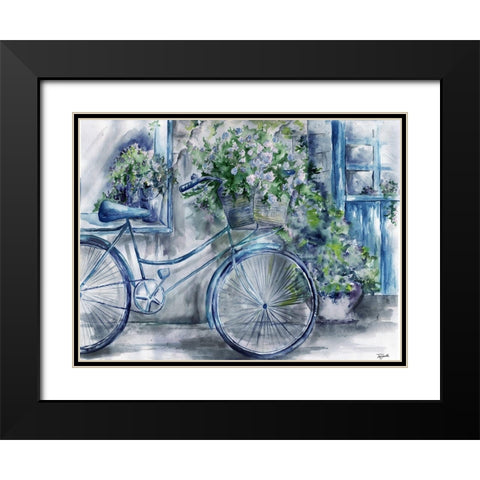 Blue and White Bicycle Florist Shop Black Modern Wood Framed Art Print with Double Matting by Tre Sorelle Studios