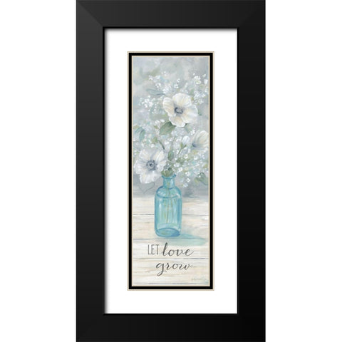 Vintage Jar Bouquet sentiment vertical II-Let Love Grow Black Modern Wood Framed Art Print with Double Matting by Coulter, Cynthia