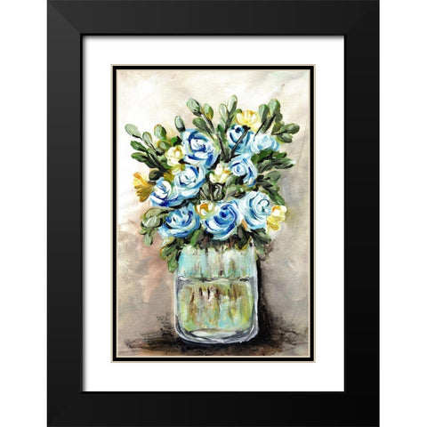 Blue and Yellow  Floral Mason Jar Black Modern Wood Framed Art Print with Double Matting by Chapman, Marcy