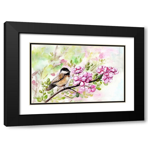 Spring  Chickadee and Apple Blossoms Black Modern Wood Framed Art Print with Double Matting by Chapman, Marcy
