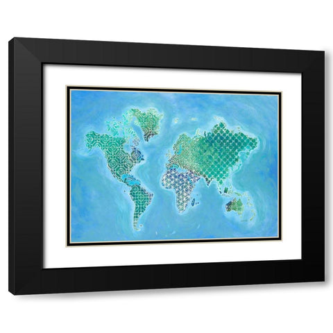 Global Patterned World Map Black Modern Wood Framed Art Print with Double Matting by Fisk, Arnie