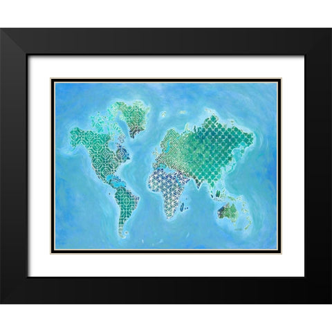 Global Patterned World Map Black Modern Wood Framed Art Print with Double Matting by Fisk, Arnie