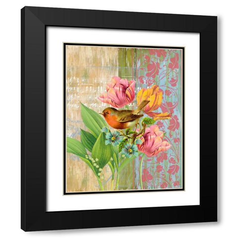 Robin and Tulips Black Modern Wood Framed Art Print with Double Matting by Robertson, Walter