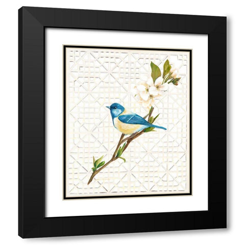 Blue Bird and Trellis Black Modern Wood Framed Art Print with Double Matting by Sarah, Colleen