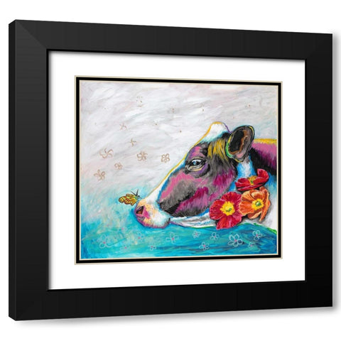 Whimsical Cow Black Modern Wood Framed Art Print with Double Matting by Walela R.