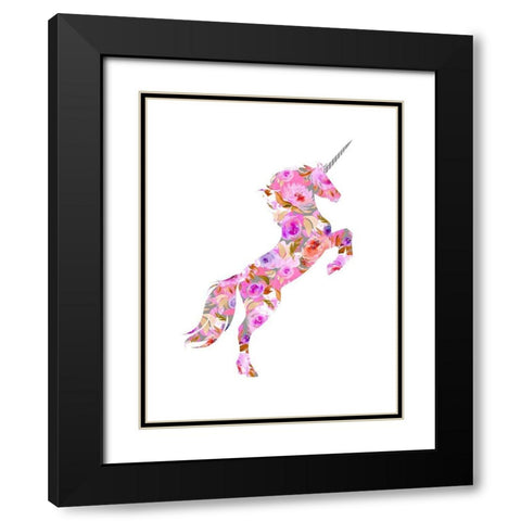 Pink Floral Unicorn Black Modern Wood Framed Art Print with Double Matting by Dos Santos, Bella