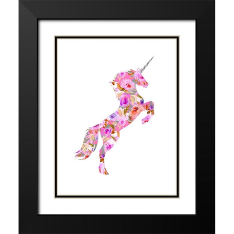Pink Floral Unicorn Black Modern Wood Framed Art Print with Double Matting by Dos Santos, Bella