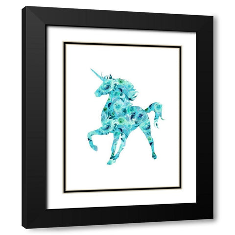 Blue Floral Unicorn Black Modern Wood Framed Art Print with Double Matting by Dos Santos, Bella