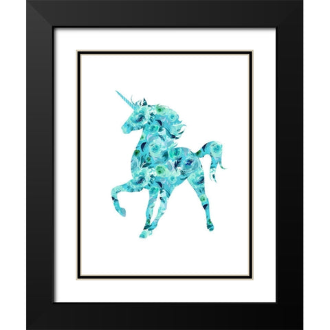 Blue Floral Unicorn Black Modern Wood Framed Art Print with Double Matting by Dos Santos, Bella