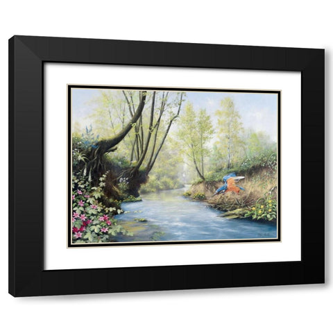Kingfisher Black Modern Wood Framed Art Print with Double Matting by Motz, Peter