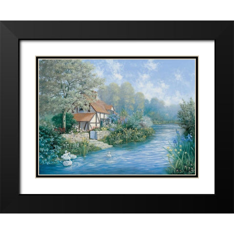 Lakescape Black Modern Wood Framed Art Print with Double Matting by Motz, Peter