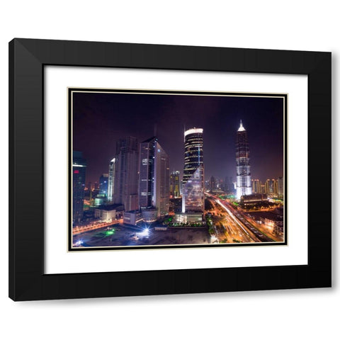 elevated view of skyscrapers at night, Shanghai Black Modern Wood Framed Art Print with Double Matting by Frank, Assaf