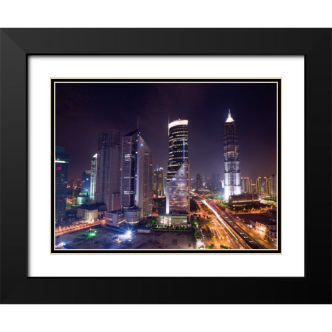 elevated view of skyscrapers at night, Shanghai Black Modern Wood Framed Art Print with Double Matting by Frank, Assaf