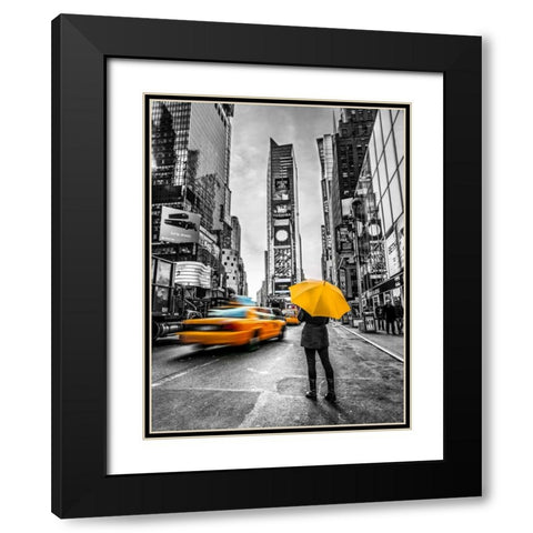 Man with yellow umbrella at Times square, New York Black Modern Wood Framed Art Print with Double Matting by Frank, Assaf