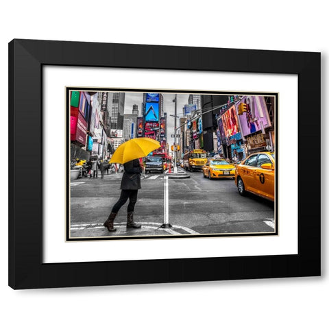 Man with yellow umbrella at Times square, New York Black Modern Wood Framed Art Print with Double Matting by Frank, Assaf