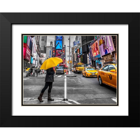 Man with yellow umbrella at Times square, New York Black Modern Wood Framed Art Print with Double Matting by Frank, Assaf