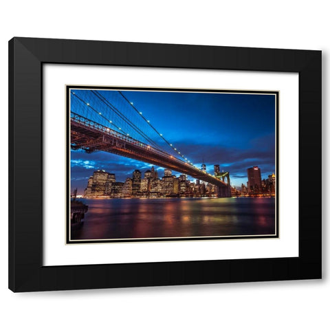 Brooklyn Bridge and lower Manhattan skyline at dusk, New York Black Modern Wood Framed Art Print with Double Matting by Frank, Assaf