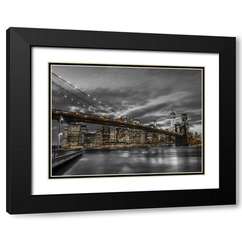 Brooklyn Bridge and lower Manhattan skyline at dusk, New York Black Modern Wood Framed Art Print with Double Matting by Frank, Assaf