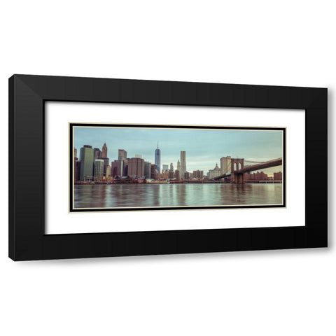 Lower Manhattan skyline with Brooklyn Bridge, New York Black Modern Wood Framed Art Print with Double Matting by Frank, Assaf