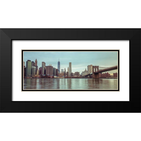 Lower Manhattan skyline with Brooklyn Bridge, New York Black Modern Wood Framed Art Print with Double Matting by Frank, Assaf