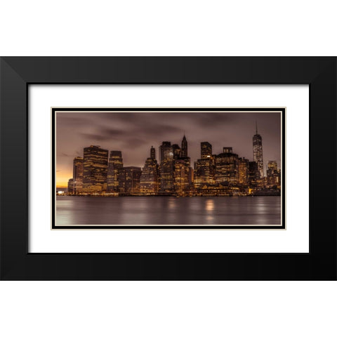 Evening shot of Lower Manhattan skyline, New York Black Modern Wood Framed Art Print with Double Matting by Frank, Assaf