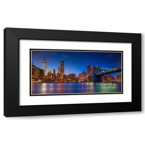 Evening shot of Lower Manhattan skyline and Brooklyn Bridge, New York Black Modern Wood Framed Art Print with Double Matting by Frank, Assaf