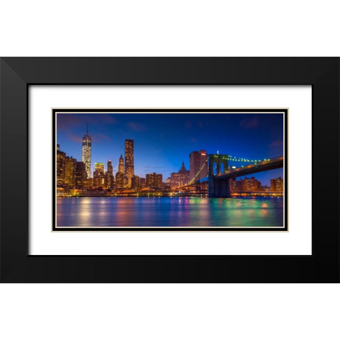Evening shot of Lower Manhattan skyline and Brooklyn Bridge, New York Black Modern Wood Framed Art Print with Double Matting by Frank, Assaf