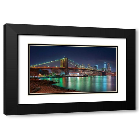 Evening shot of Brooklyn Bridge and Lower Manhattan skyline, New York Black Modern Wood Framed Art Print with Double Matting by Frank, Assaf