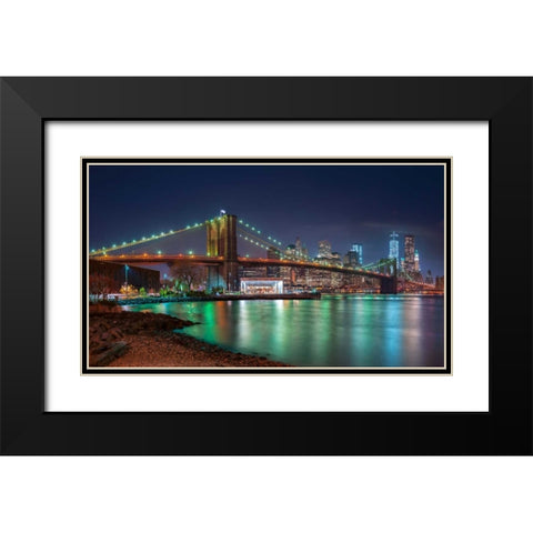 Evening shot of Brooklyn Bridge and Lower Manhattan skyline, New York Black Modern Wood Framed Art Print with Double Matting by Frank, Assaf