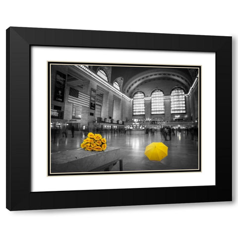 Bunch of yellow roses and umbrella in Grand Central Terminal, New York Black Modern Wood Framed Art Print with Double Matting by Frank, Assaf