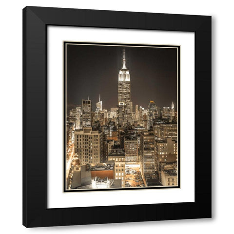 Illuminated Manhattan skyline at twilight - New York City Black Modern Wood Framed Art Print with Double Matting by Frank, Assaf