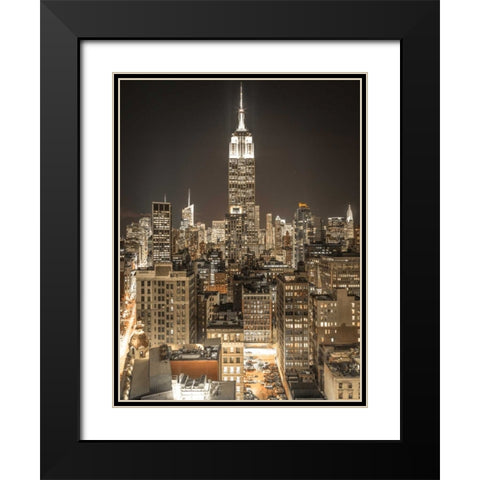 Illuminated Manhattan skyline at twilight - New York City Black Modern Wood Framed Art Print with Double Matting by Frank, Assaf